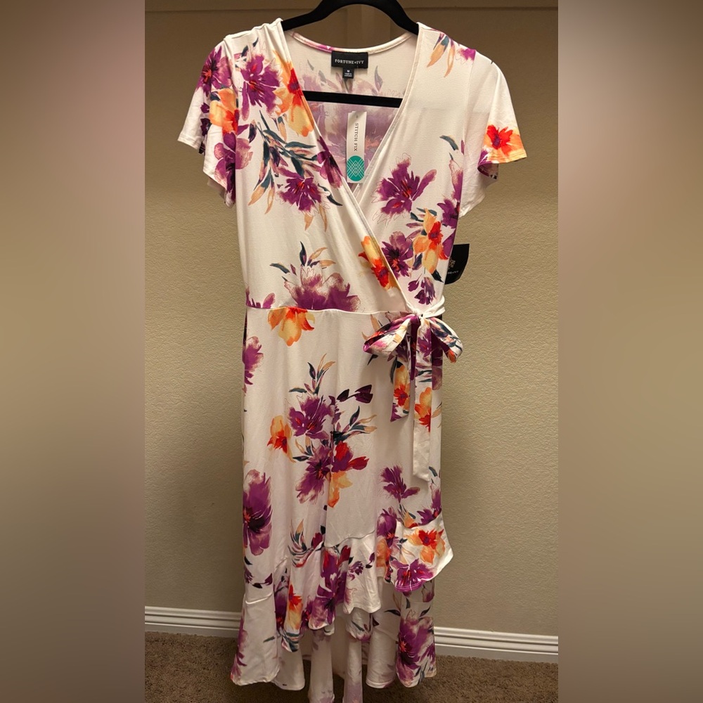 Floral Midi Wrap Dress with Purple and Orange Accents